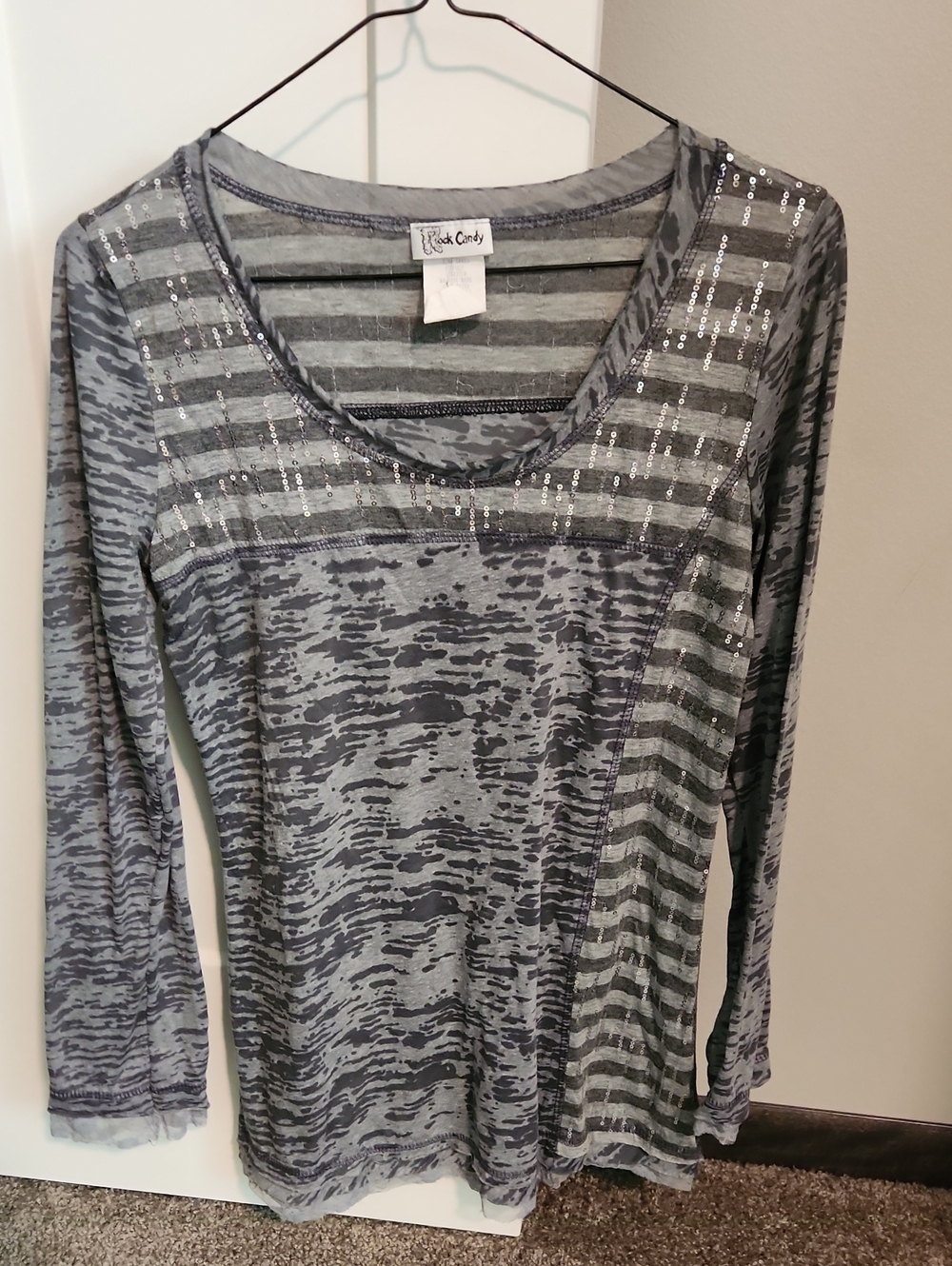 Rock & Candy Gray Striped & Abstract Pattern Long Sleeve Top with Sequin Accents